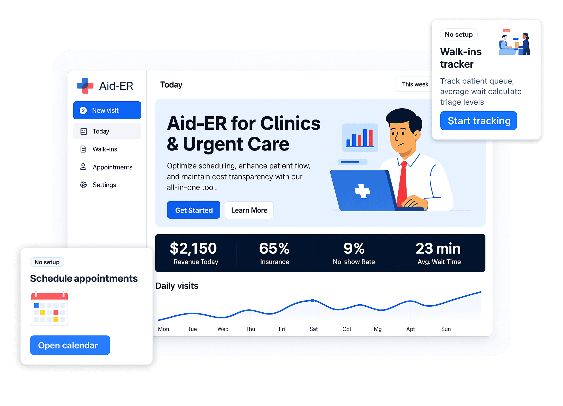 Aid-ER business dashboard showing clinic management interface